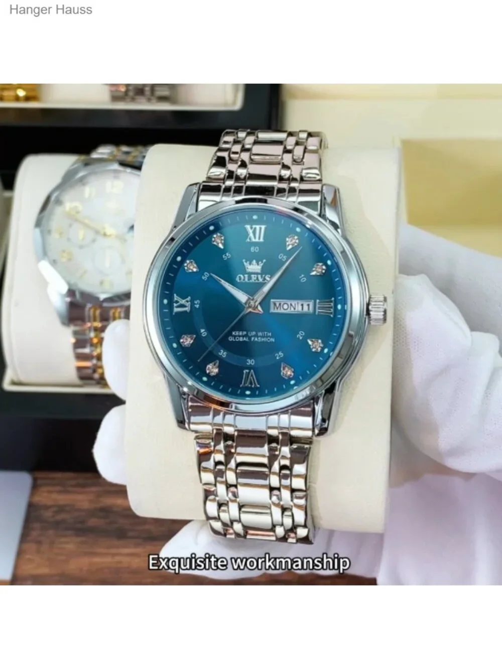 Men's Stainless Steel Watch Large Face Roman Numerals Diamond Accented Analog